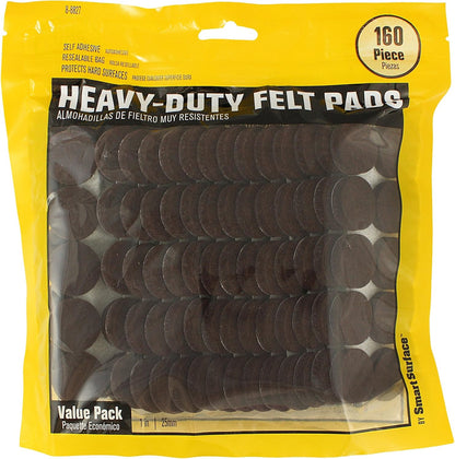 Smart Surface 8827 Heavy Duty Self Adhesive Furniture Felt Pads 1-Inch Round Brown 160-Piece Value Pack in Resealable Bag