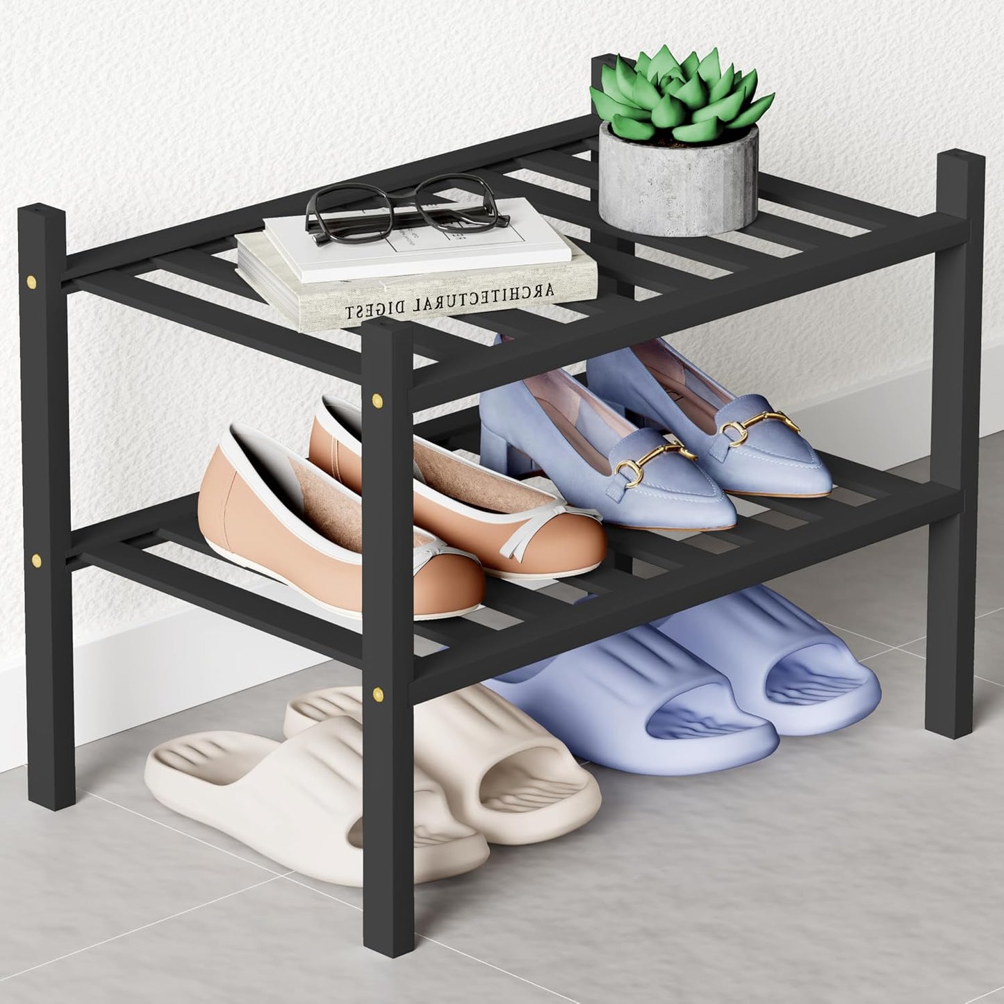 Smiry Bamboo Shoe Rack for Closet, 3 Tier Wooden Shoe Organizer, Stackable Wood Shoe Storage Shelf for Entryway, 14 Vertical Slats, One-piece Heavy-Duty Legs, 26.77"x11.02"x18.31", Natural