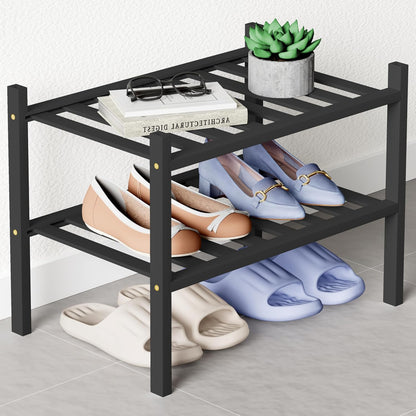 Smiry Bamboo Shoe Rack for Closet, 3 Tier Wooden Shoe Organizer, Stackable Wood Shoe Storage Shelf for Entryway, 14 Vertical Slats, One-piece Heavy-Duty Legs, 26.77"x11.02"x18.31", Natural