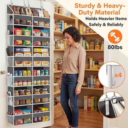 Over The Door Organizer, 5-Tier Extra Large Behind Door Storage with 10 Big Front & 10 Mesh Pockets, 80lb Capacity, Hanging Storage Organizer with Clear Window Kids Toys, Shoes, Diapers, Light Grey