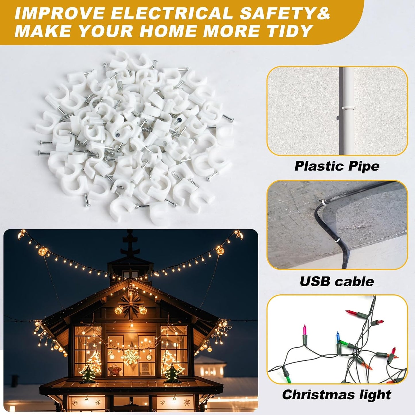 Cable Wire Clips - 100 Pcs White Cable Clips 8mm 10mm Wire Staples Wall Cables Management with Steel Nails Cord Holder for Wires, Ethernet, Cord Organization