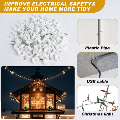 Cable Wire Clips - 100 Pcs White Cable Clips 8mm 10mm Wire Staples Wall Cables Management with Steel Nails Cord Holder for Wires, Ethernet, Cord Organization