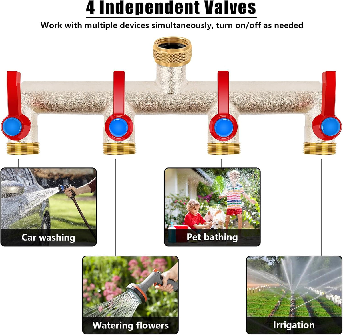Upgraded Brass Garden Hose Splitter, 3/4" Hose Splitter 2 Way Heavy Duty with Extension Handles, Outdoor Faucet Splitter Water Spigot Splitter with Individual On/Off Valve
