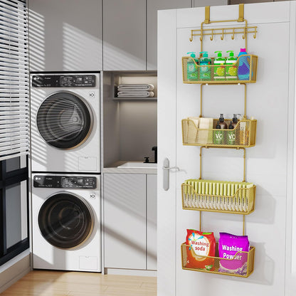 HapiRm Over The Door Organizer - Hanging Door Organizer with 4 Metal Large Capacity Baskets and Adjustable Coat Hook for Bathroom Bedroom Kitchen Pantry Closet Cabinet