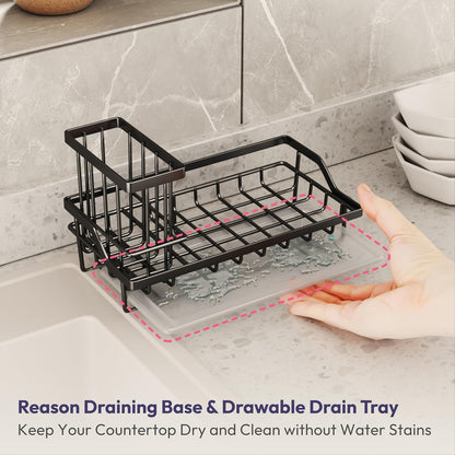 SWTYMIKI Sink Caddy Sponge Holder - Kitchen Sink Organizer with High Brush Holder for Countertop to Hold Dish Soaps and Sponges, Stainless Steel, Black