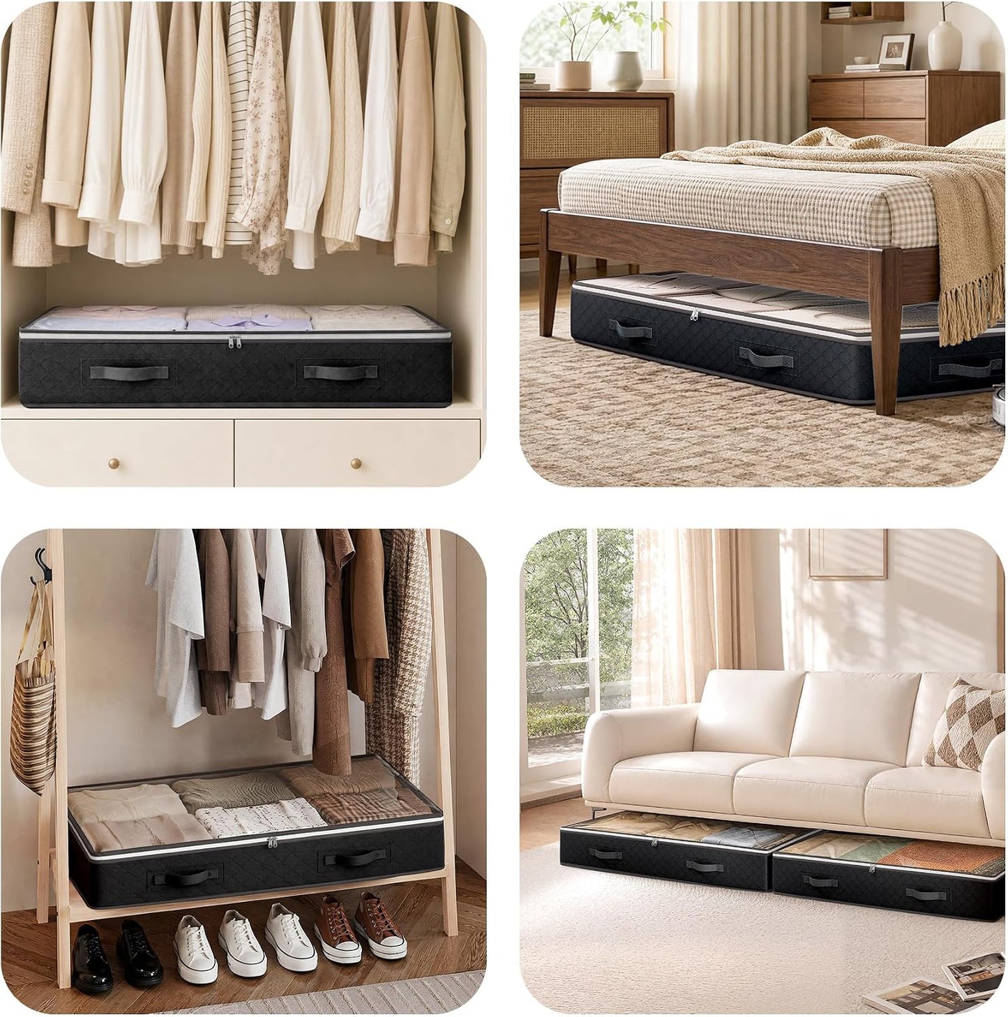 Budding Joy 90L Under Bed Storage Containers, 4 Pack Closet Organizers Grey | Foldable underbed storage bins for linen sheets, blanket, clothing, comforter, sweaters, pillows, wrapping paper