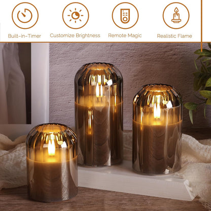 Grey Glass Flameless Pillar Candles with Remote, Flickering Battery LED Candles Table Decor Gift Set of 3