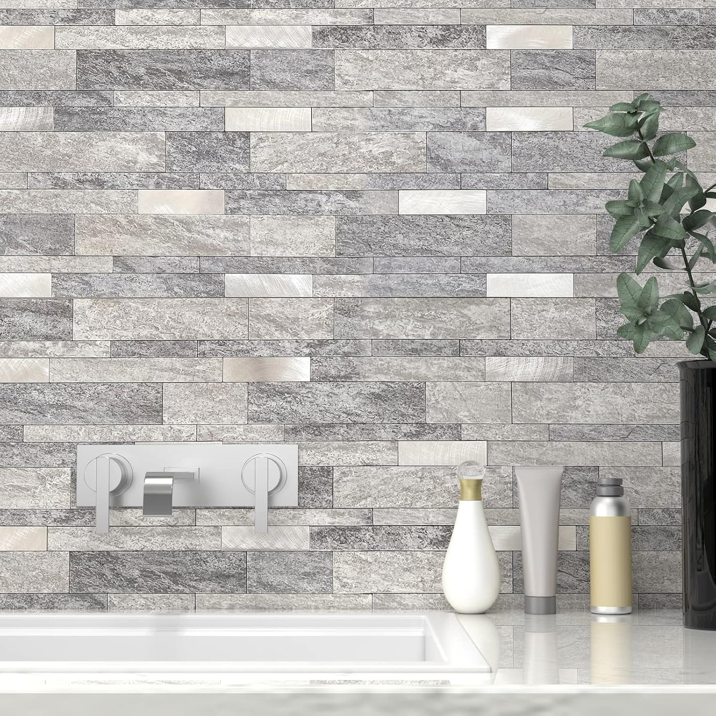 VAOVI Backsplash Tile Peel and Stick Kitchen Stone Subway Linear Mosaic Bathroom Shower Wall Waterproof(10pcs,Gray)