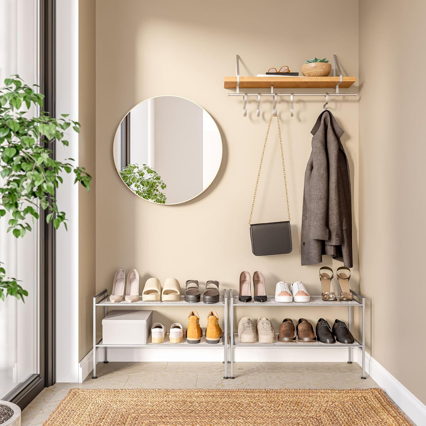 Seville Classics Sturdy Freestanding Storage Shelf for Bedroom, Closet, Entryway, Dorm Room Organizer Stackable Durable Metal Shoe Rack Ash Gray Slat, 3-Tier