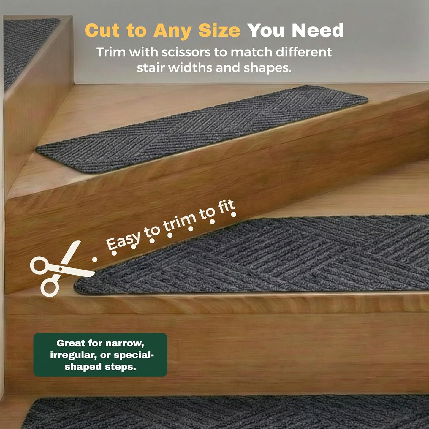 MBIGM 8" X 30" (15 in Pack) Non-Slip Carpet Stair Treads Non-Skid Safety Rug Slip Resistant Indoor Runner for Kids Elders & Pets with Reusable Adhesive - Dark Gray Diamond Weave
