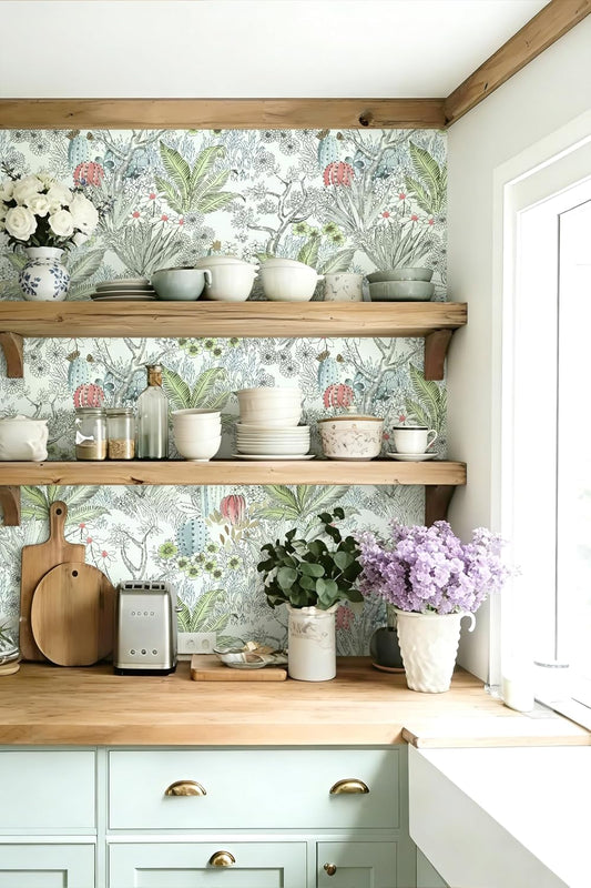 Wudnaye Boho Peel and Stick Wallpaper Catus Wallpaper 17.7" x 118.1"Vintage Floral Wallpapers Peel and Stick Botanical Removable Wall Paper Boho Self Adhesive Contact Paper for Bathroom Cabinets