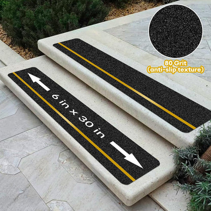 10 Pack 6” x 30” Anti Slip Traction Treads with Glow in The Dark Stripe, Outdoor Waterproof Non Skid Pre-Cut Tape with Roller, High Traction Friction Abrasive Adhesive for Stairs Step