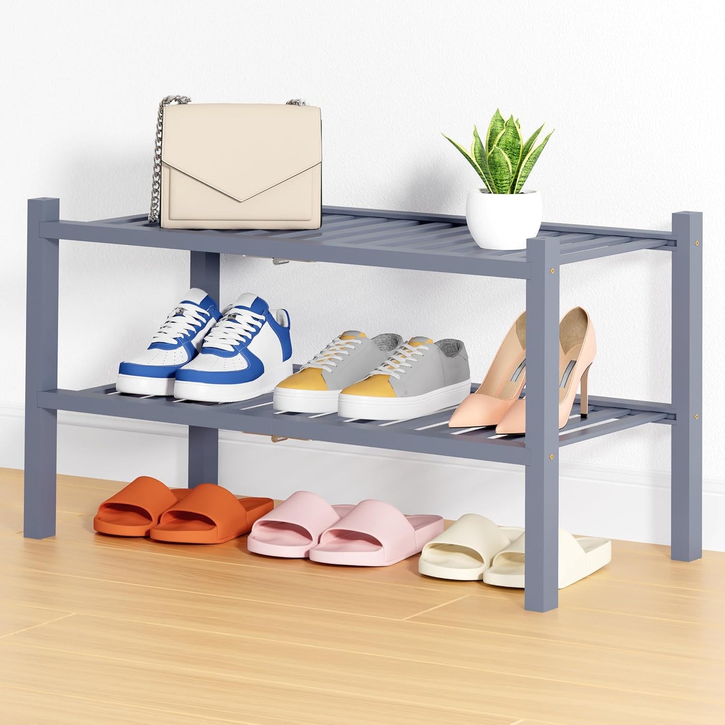 Smiry Bamboo Shoe Rack, 3 Tier Free Standing Wooden Shoe Organizer, Stackable Wood Shoe Storage Shelf for Closet, Entryway, 12 Vertical Slats, 2+1 Stack Standard Legs, 26.8"x11"x19.5", Natural
