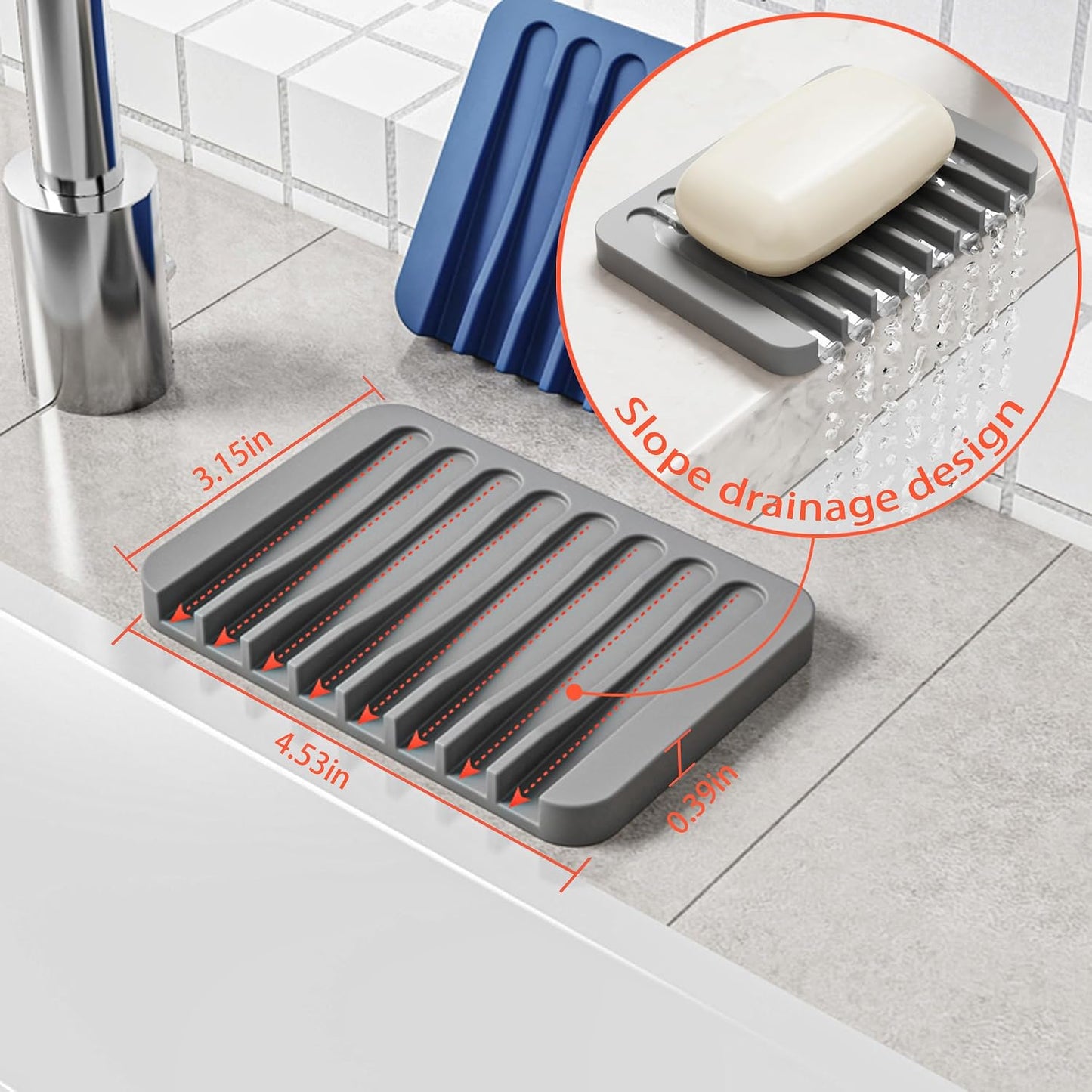 4-Pack Self Draining Soap Dish for Shower Bathroom Waterfall Silicone Soap Saver Tray Sponge Holder for Kitchen Sink Non-Slip Easy Clean (Black and White)
