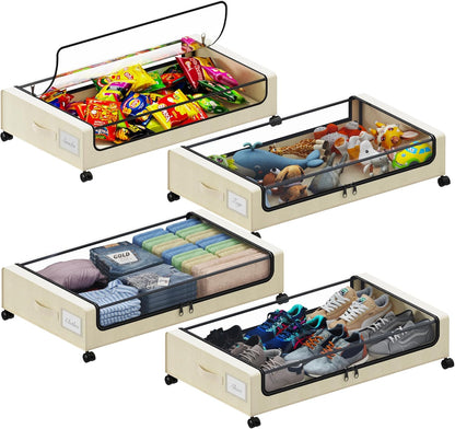 Tututry Under Bed Storage with Wheels, XXL 60L Under the Bed Storage Bins, Underbed Storage Containers with Lids & Label, Rolling Metal Drawer for Shoes, Clothes, Books, Toys (2-Pack Gray)