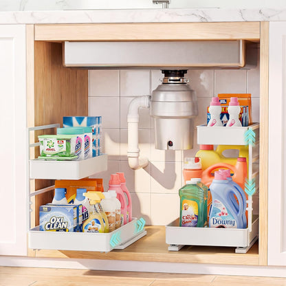 EVERIE Height Adjustable 2 Tier Metal Pull Out Slide Shelf Organizer for Under Sink Cabinets in Kitchen, Bathroom, with Snap-on Top Tray, 16" Deep (Black, 2 Sets) | Pull Out