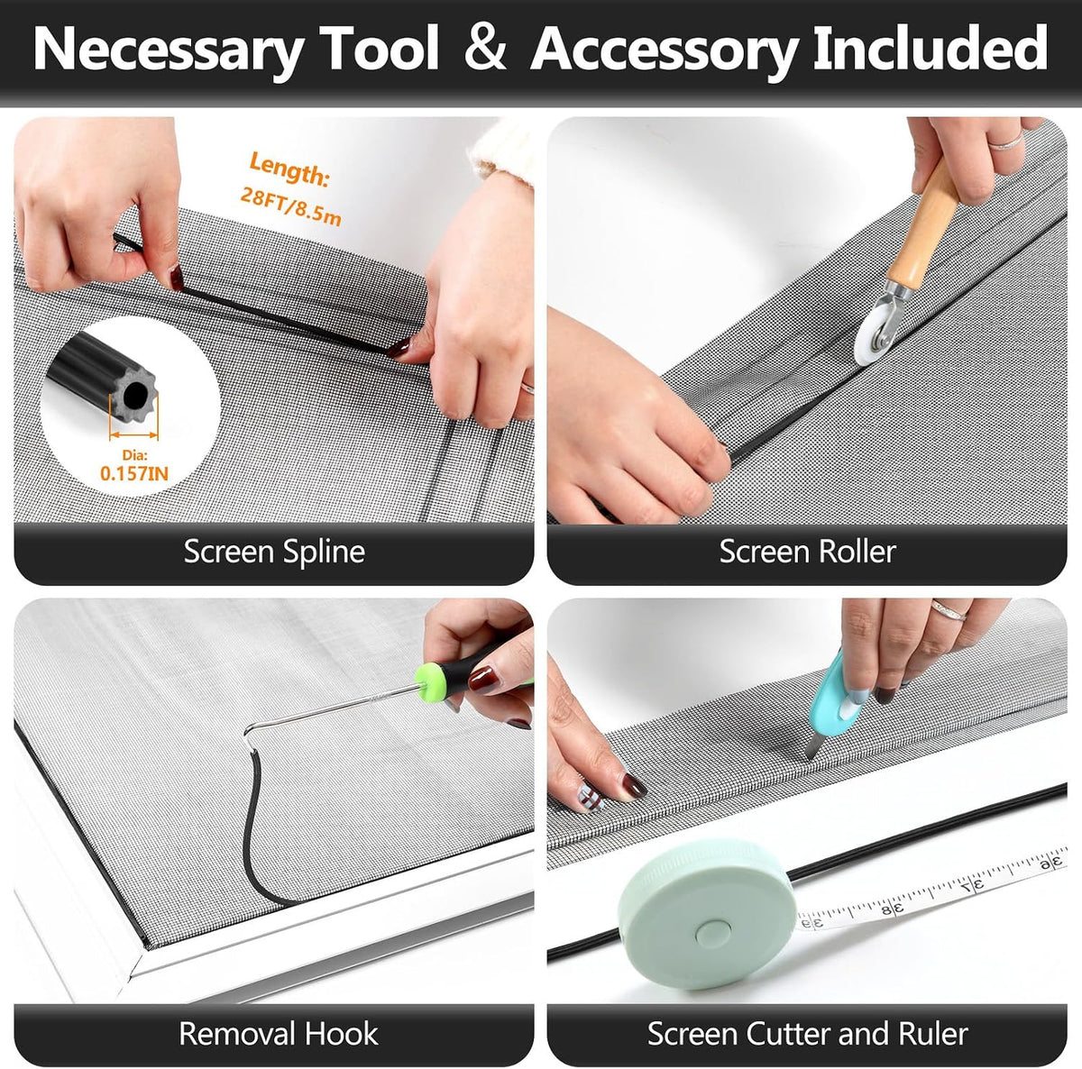 Secopad Window Screen Repair Kit, 39" x 78" Screen Door Mesh Replacement Kit, Durable Fiberglass Roll with Tools for Windows Doors Patio and Porch Replacement, Black
