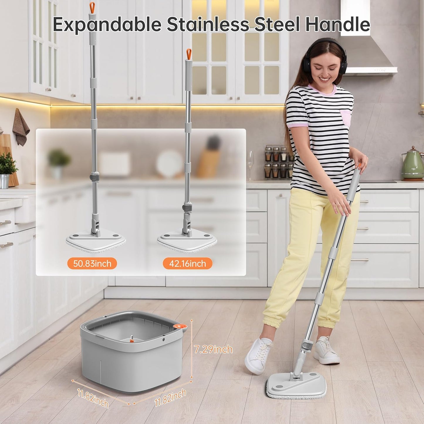 Spin Mop and Bucket Set with 2 Replaceable Microfiber Mop Pads with Self Separation Dirty and Clean Water System, Self Wringing 360° Rotating Square Mop Head for Hardwood Tile Marble Floors