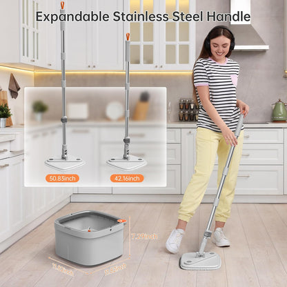 Spin Mop and Bucket Set with 2 Replaceable Microfiber Mop Pads with Self Separation Dirty and Clean Water System, Self Wringing 360° Rotating Square Mop Head for Hardwood Tile Marble Floors