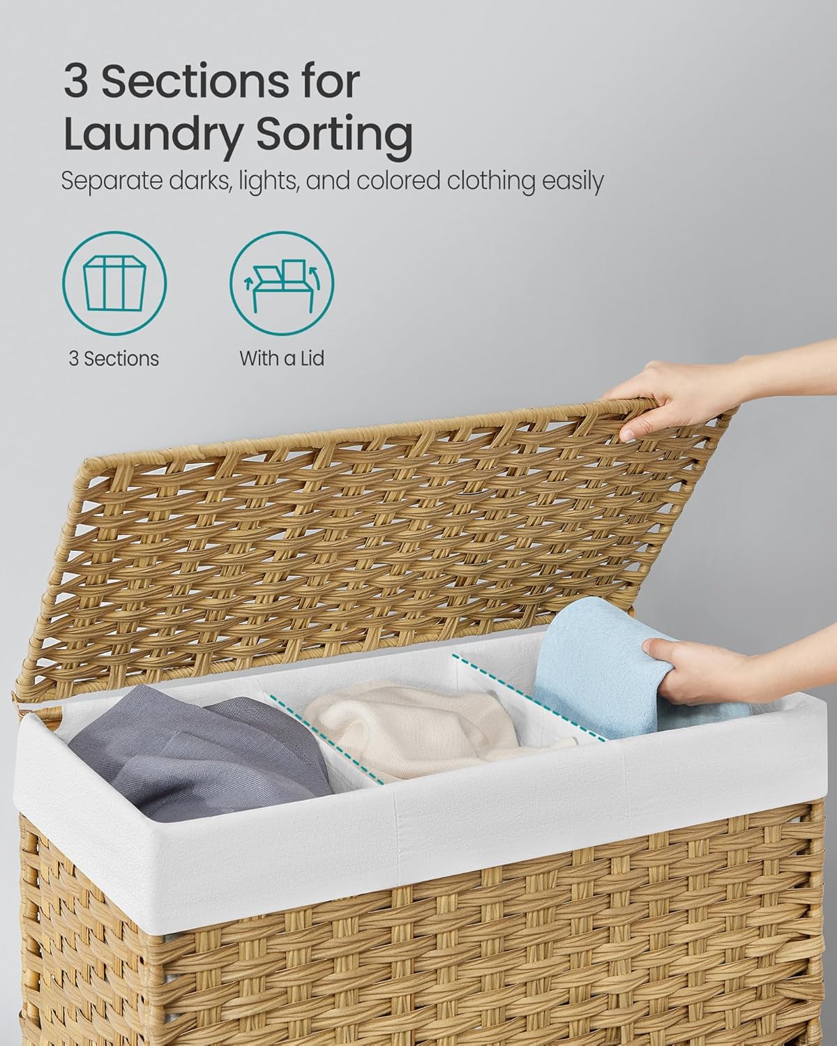SONGMICS Laundry Hamper with Lid, 37 Gallons (140 L), Rolling Laundry Basket with Wheels, 3-Section Synthetic Rattan, Removable Liner, Bedroom, 26 x 13 x 26 Inches, Gray ULCB363G01