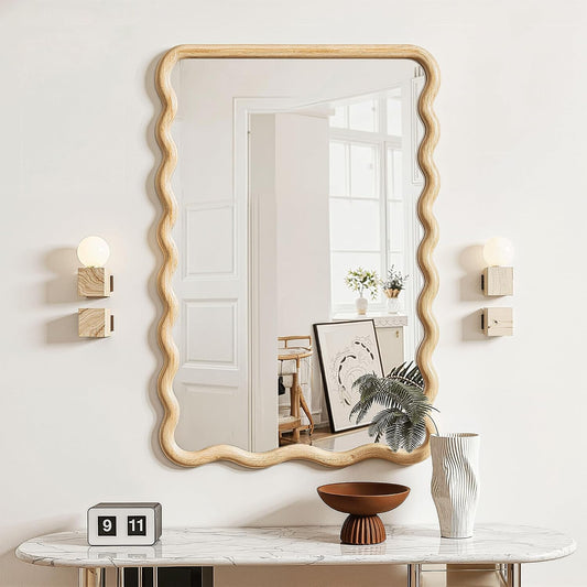 Full Length Mirror, 55"x28" Boho Wavy Wood Floor Mirror, for Bathroom, Bedroom, Living Room, Cloakroom, Entryway