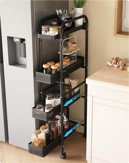 UMDONX Slim Storage Cart 5 Tier with Pull Out Basket Bathroom Organizer Rolling cart, Rolling Utility Cart Slide Out Organizer for Kitchen, Bathroom, Laundry Black