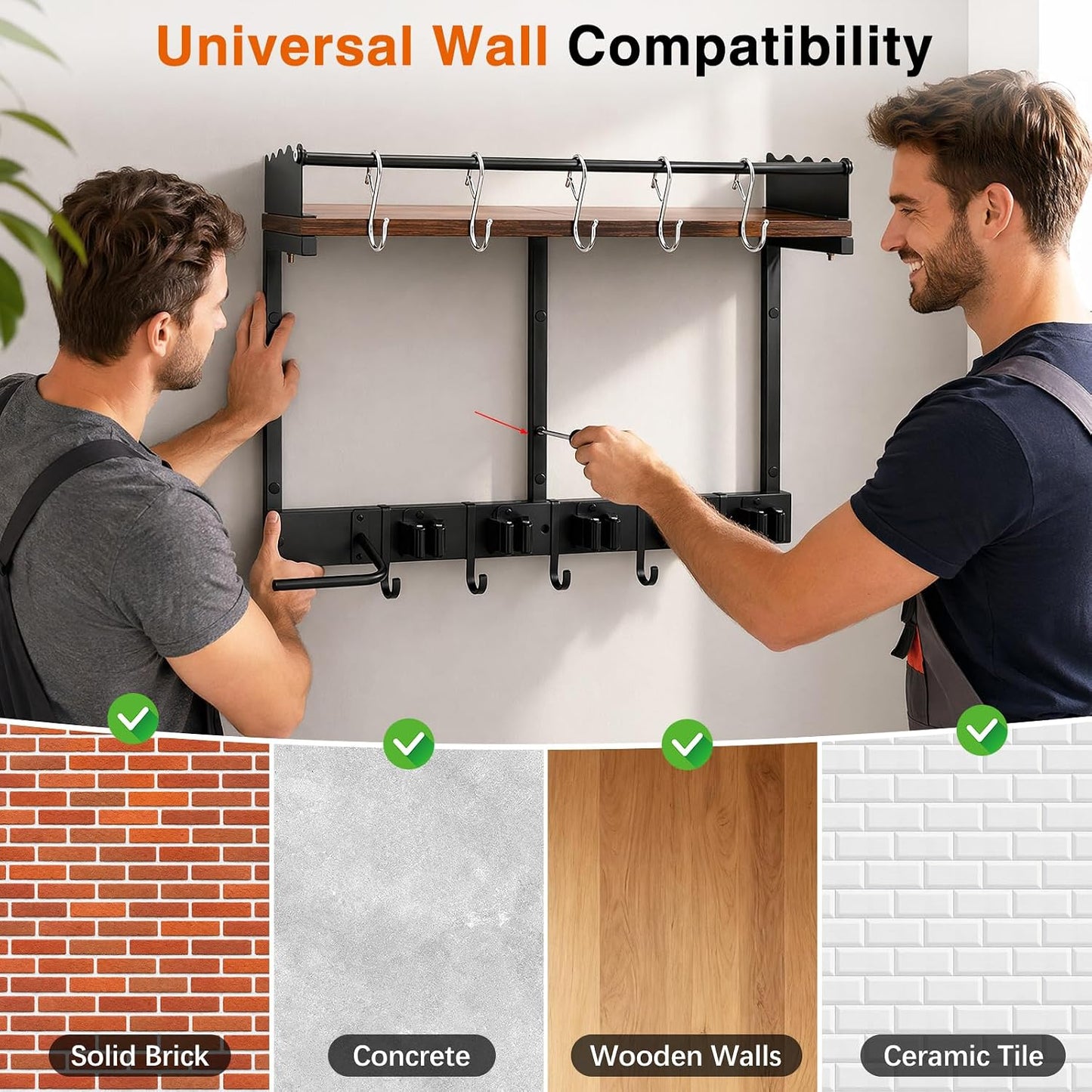 Broom Holder Wall Mount, Heavy Duty Broom and Mop Organizer Wall Hanging with Vacuum Stand, 5 Grippers & 10 Hooks, Utility Racks with Wood Shelf & Guard, Laundry Organization & Storage (S)
