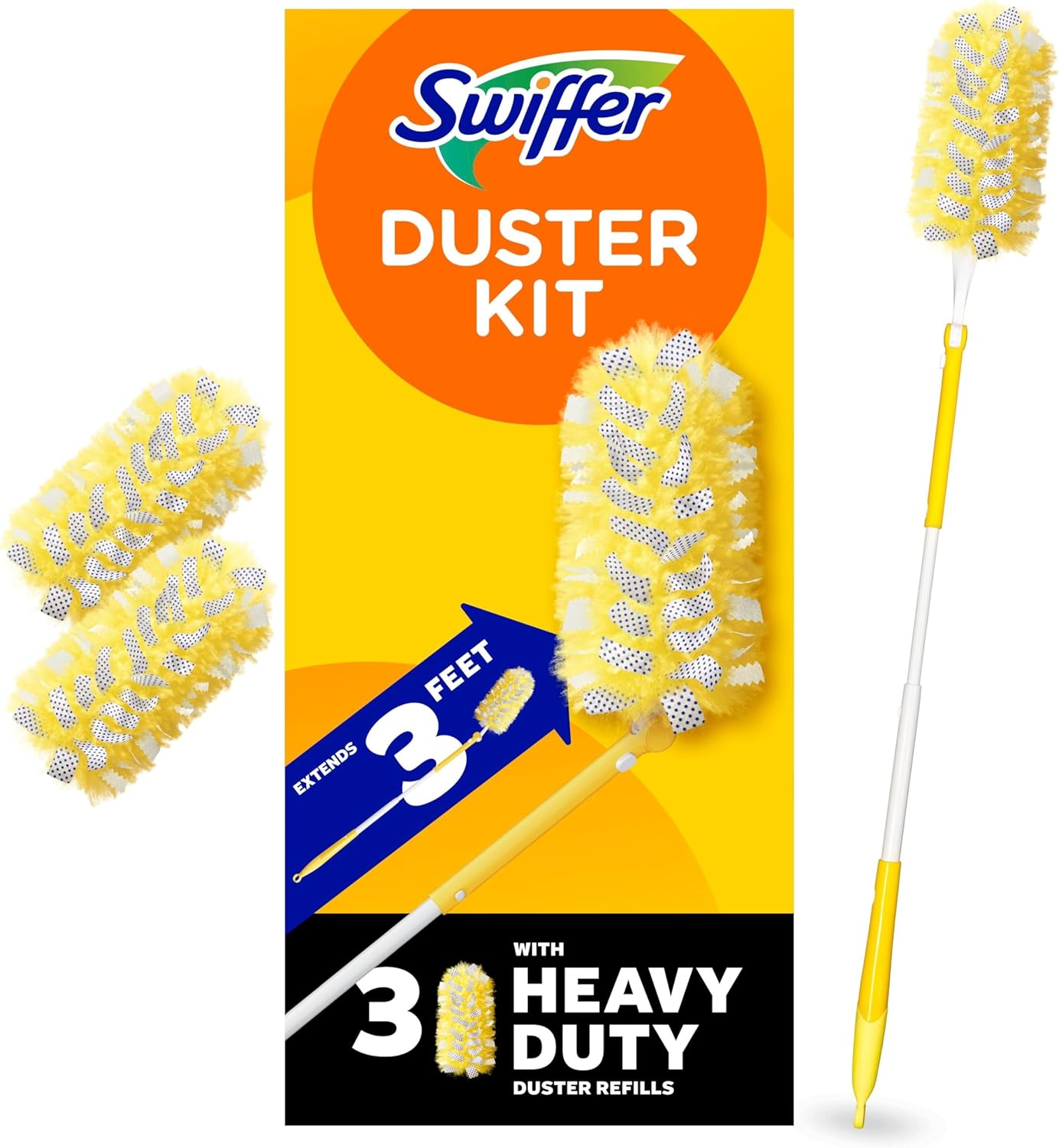 Swiffer Duster Kit with 3 ft Extendable Handle | Includes 1 Duster Extendable Handle (3 ft). 3 Heavy Duty Duster Refills. For Ceiling Fans, Vents, and Hard to Reach Places