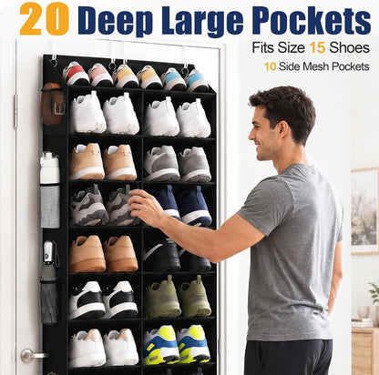 UVIAHOMI 20-30 Pairs Over the Door Shoe Organizer with Side Mesh Pockets, 10-Tier Hanging Shoe Storage for Closet, Breathable Door Shoe Rack Holds Sneakers, Boots, Heels & Daily Essentials, Black