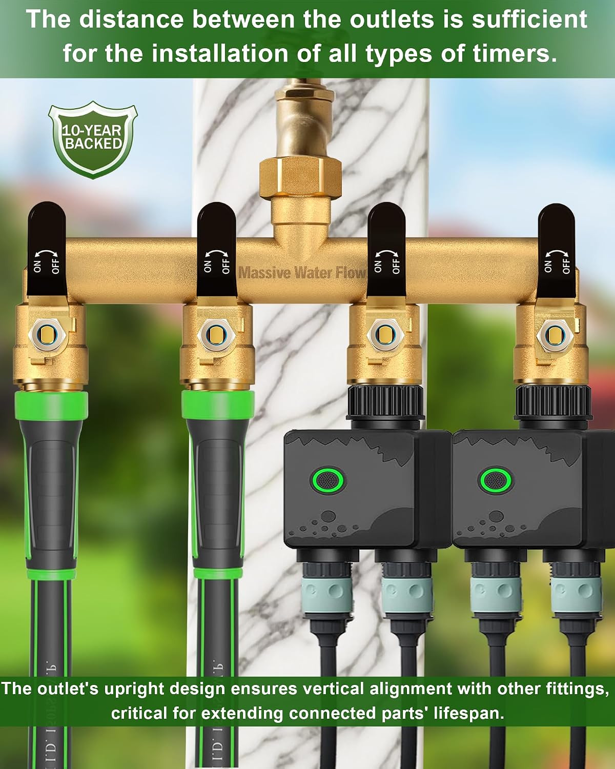 4 Way Hose Splitter, Heavy Duty Full Flow Garden Water Hose Bib Spigot Splitter, Brass Rust and Freeze Resistant Outdoor Faucet Splitter, T Adapter Connector with 3/4 - Inch GHT Thread （Black）
