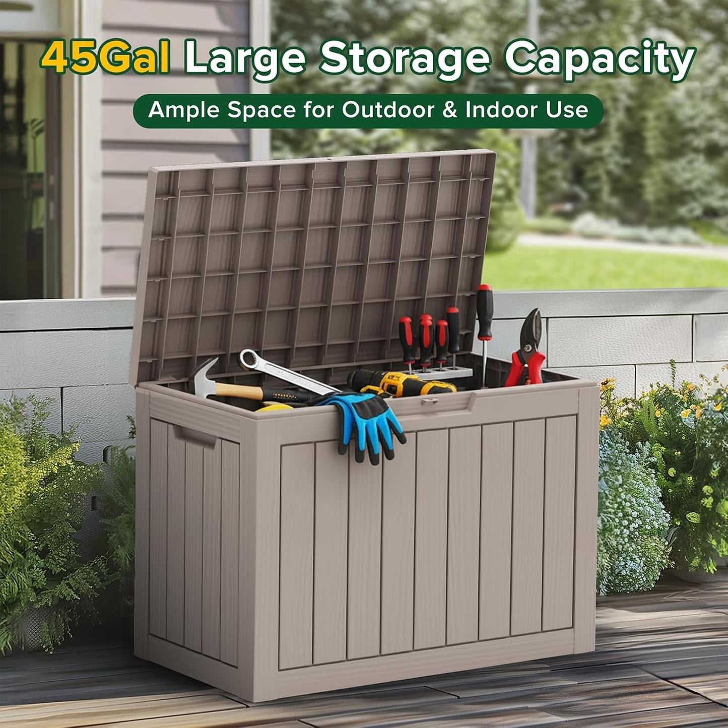 EasyUp 50 Gallon Outdoor Storage Box Waterproof, UV Resistant Deck Box Outdoor, Lockable Resin Deck Boxes for Garden Tools Equipment and Cushions, Gray