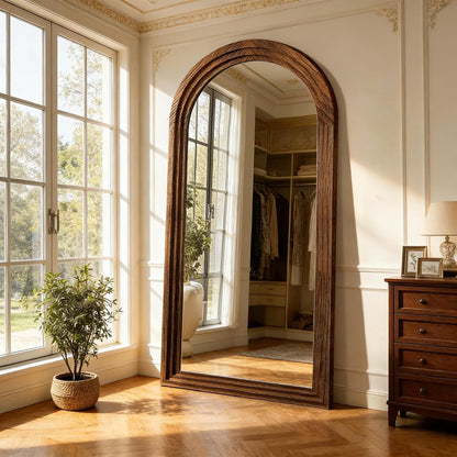 Full Length Mirror with Solid Wood Frame & Stand, 71"x32" Oversized Arched Floor Mirror, Charred Wood Finish Wall Mounted or Leaning Mirror for Bedroom Living Room, Burnt Brown