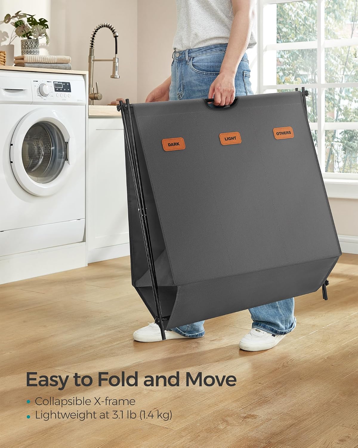SONGMICS Laundry Hamper, Laundry Basket, 35.7 Gal. Laundry Sorter 3 Sections, Collapsible X-Frame, Clothes Organizer with Customizable Labels, Laundry Room, Bedroom, Bathroom, Slate Gray ULCB130G01
