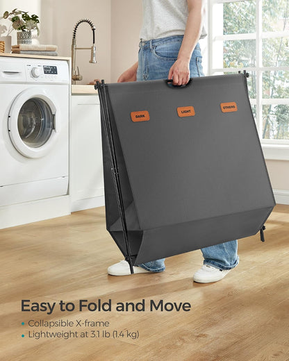SONGMICS Laundry Hamper, Laundry Basket, 35.7 Gal. Laundry Sorter 3 Sections, Collapsible X-Frame, Clothes Organizer with Customizable Labels, Laundry Room, Bedroom, Bathroom, Slate Gray ULCB130G01
