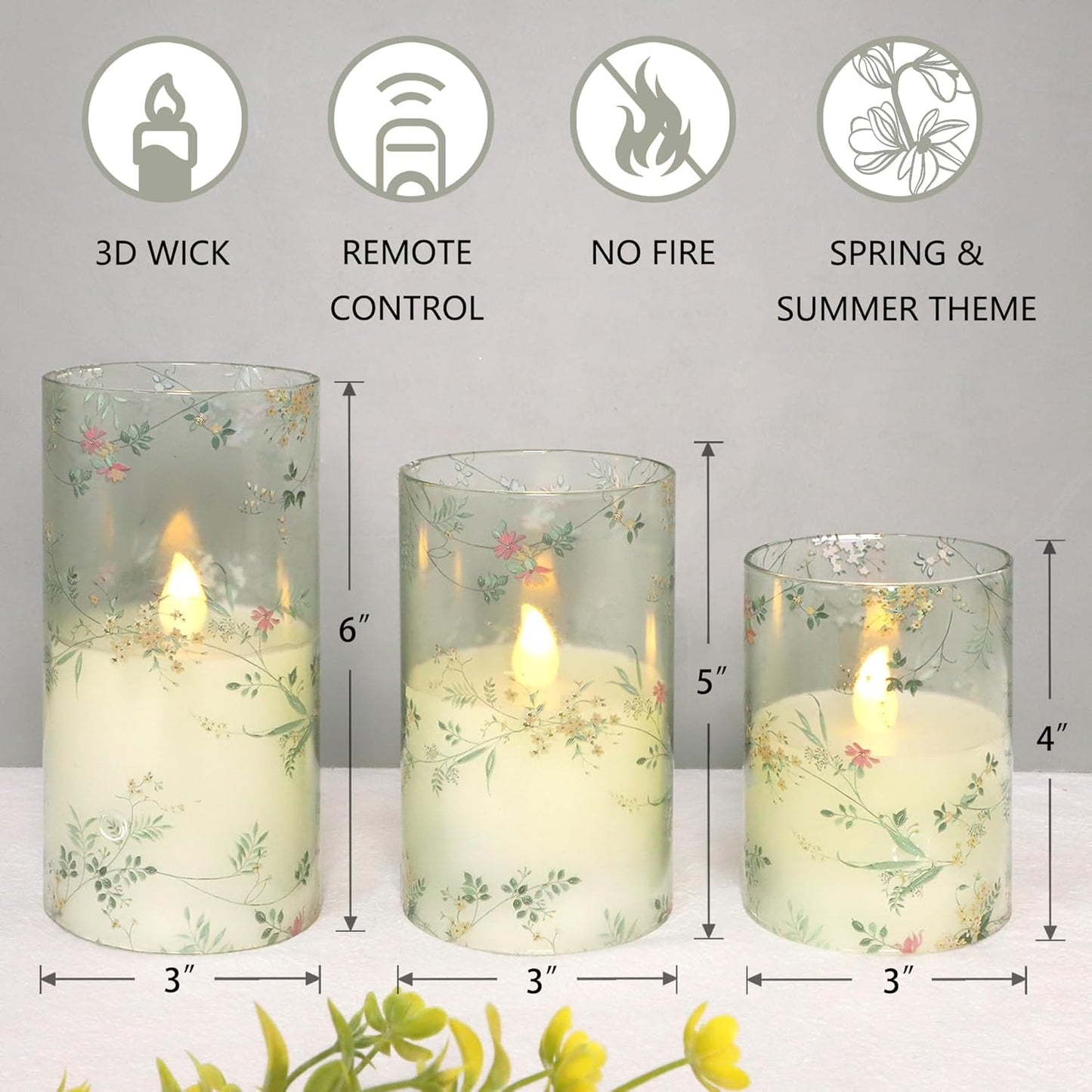 Glass Flameless Candles Flickering Battery Operated LED Pillar Candles Set of 3 with Timer and and 10-Key Remote Green Branch Floral Spring Summer Theme for Wedding Festival Home Decoration