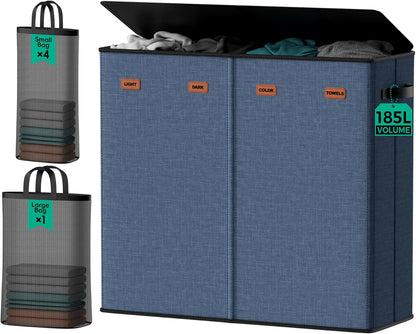 185L Laundry Hamper 3 Section with Lid & Removable Bags | Collapsible laundry basket organizer for laundry room, bedroom & dorm with 3 removable washing bags