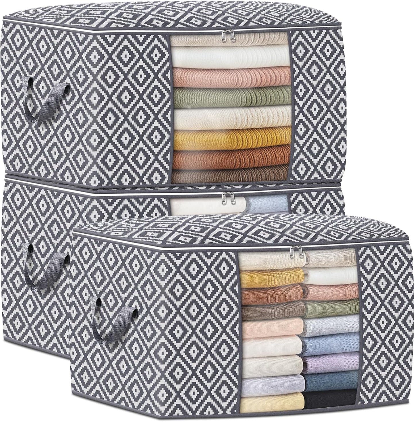 StorageTastic Direct 100L, 3 Pack, Storage Containers, Large Clothes Storage Bins Foldable Organization and Storage Bags with Reinforced Handle, Clear Window for Bedding, Blankets, Clothing, Grey