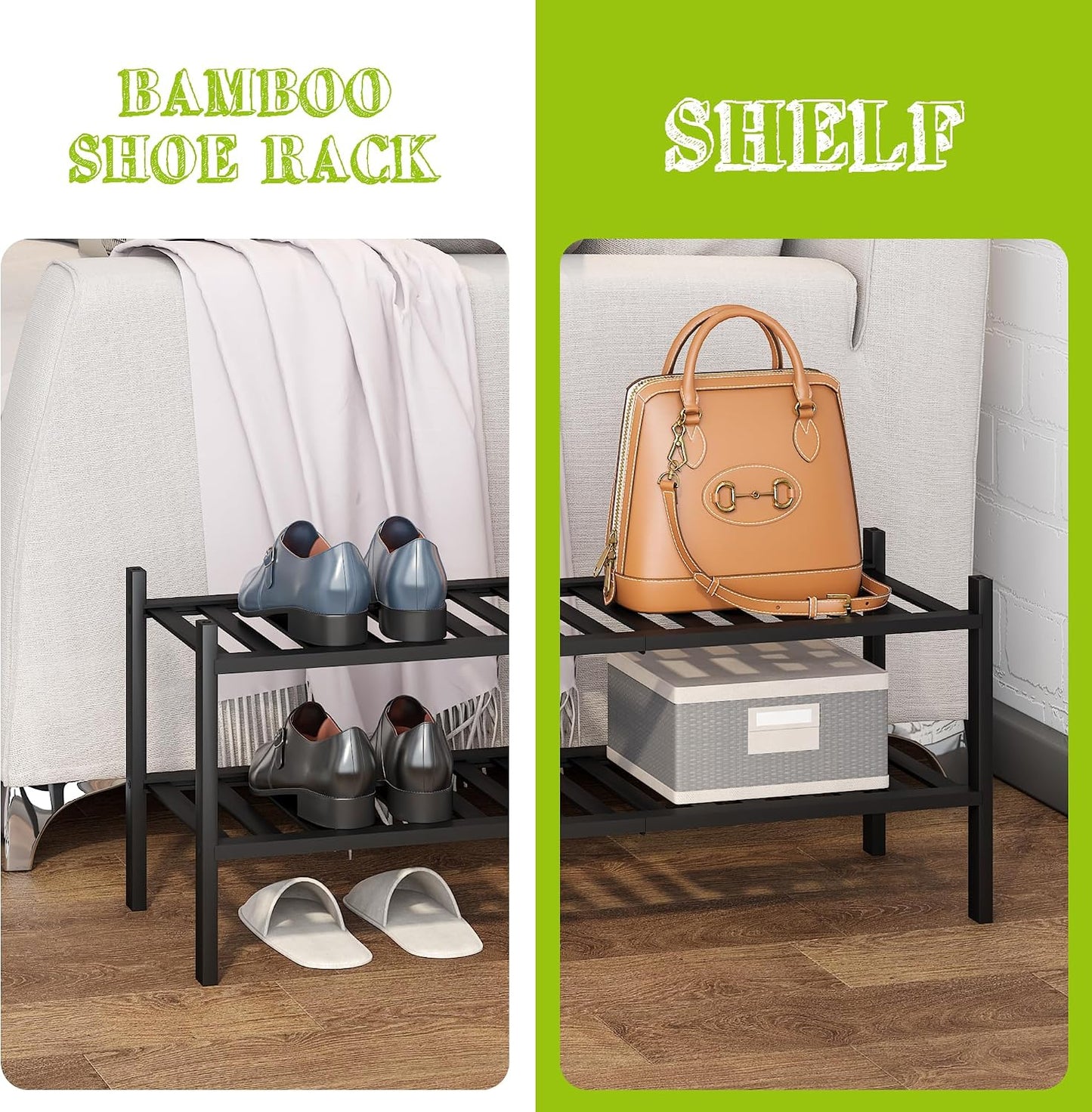 BMOSU 2-Tier Bamboo Small Shoe Rack Premium Stackable Shoe Shelf Storage Organizer for Hallway Closet Living Room Entryway Organizer (Black Bamboo)