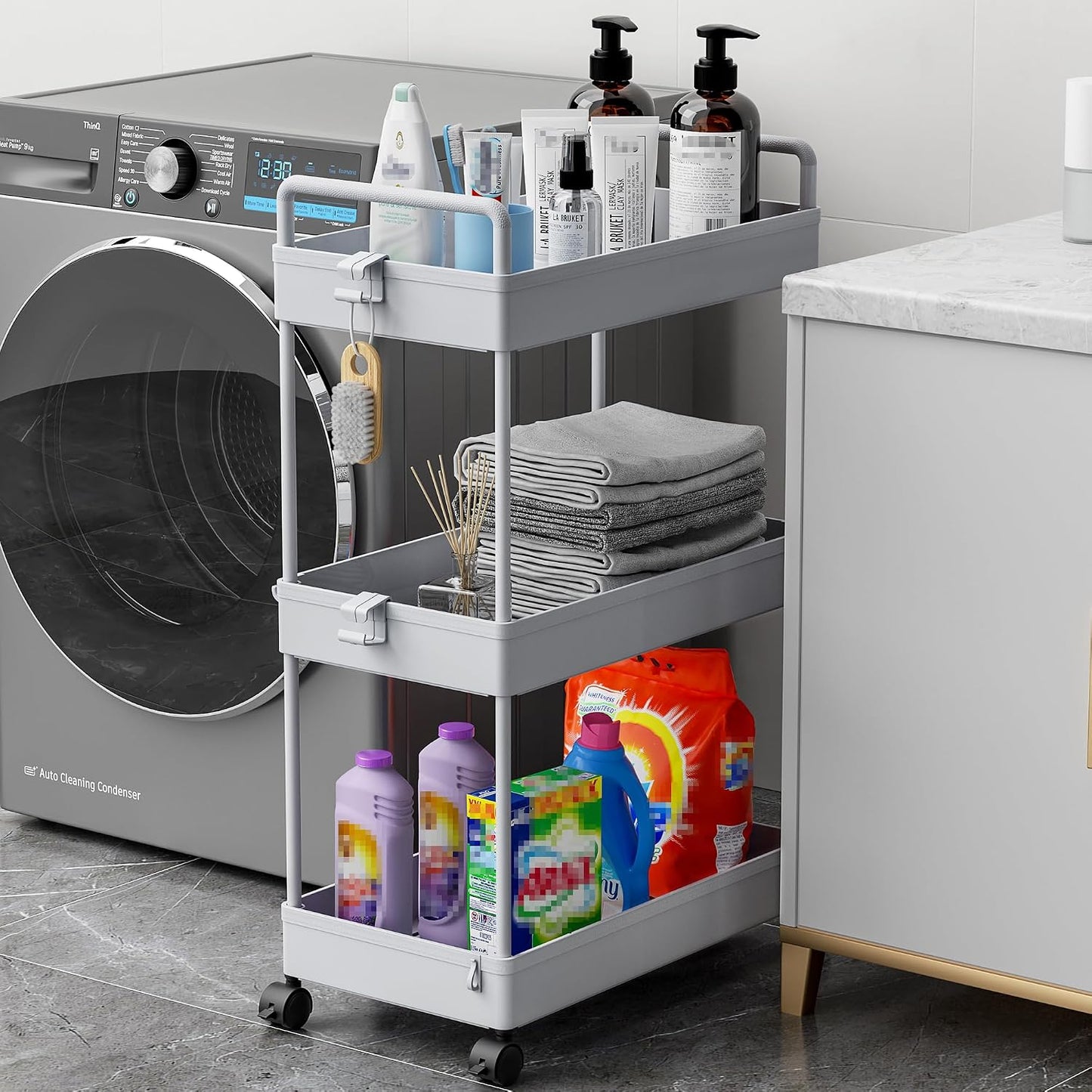 Ronlap 3 Tier Slim Rolling Storage Cart with Wheels Plastic Utility Cart Organizer for Snack Craft Art Postpartum Baby Diaper Nail Makeup in Bathroom Laundry Room Kitchen Bedside Narrow Space, White