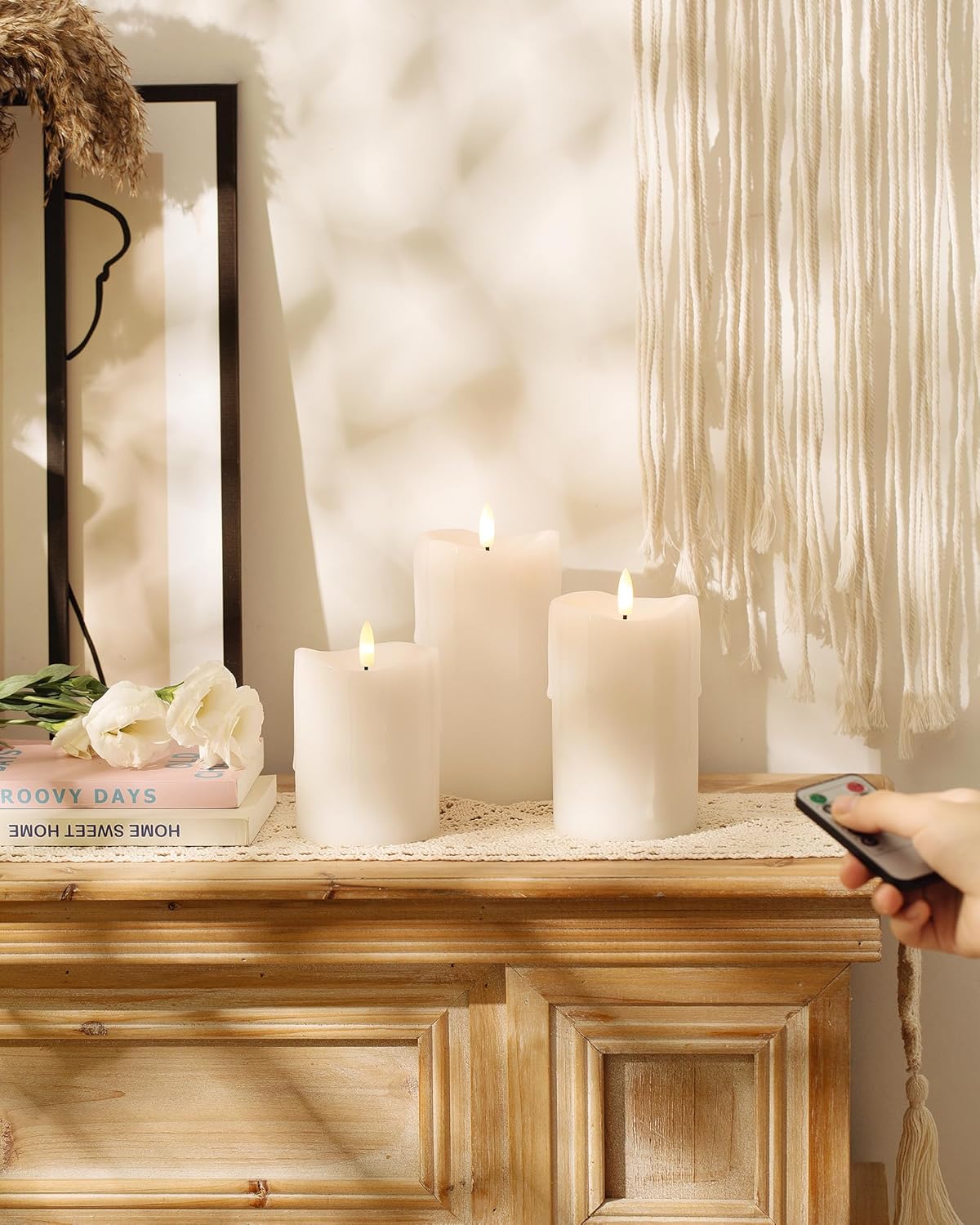 White Flameless Candles with Remote and Timer, Real Wax Made Wax Drip LED Pillar Candles Battery Operated with 3D Flickering Flame Melted Top - 3" x 4",5",6" - Set of 3