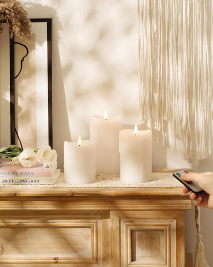 White Flameless Candles with Remote and Timer, Real Wax Made Wax Drip LED Pillar Candles Battery Operated with 3D Flickering Flame Melted Top - 3" x 4",5",6" - Set of 3