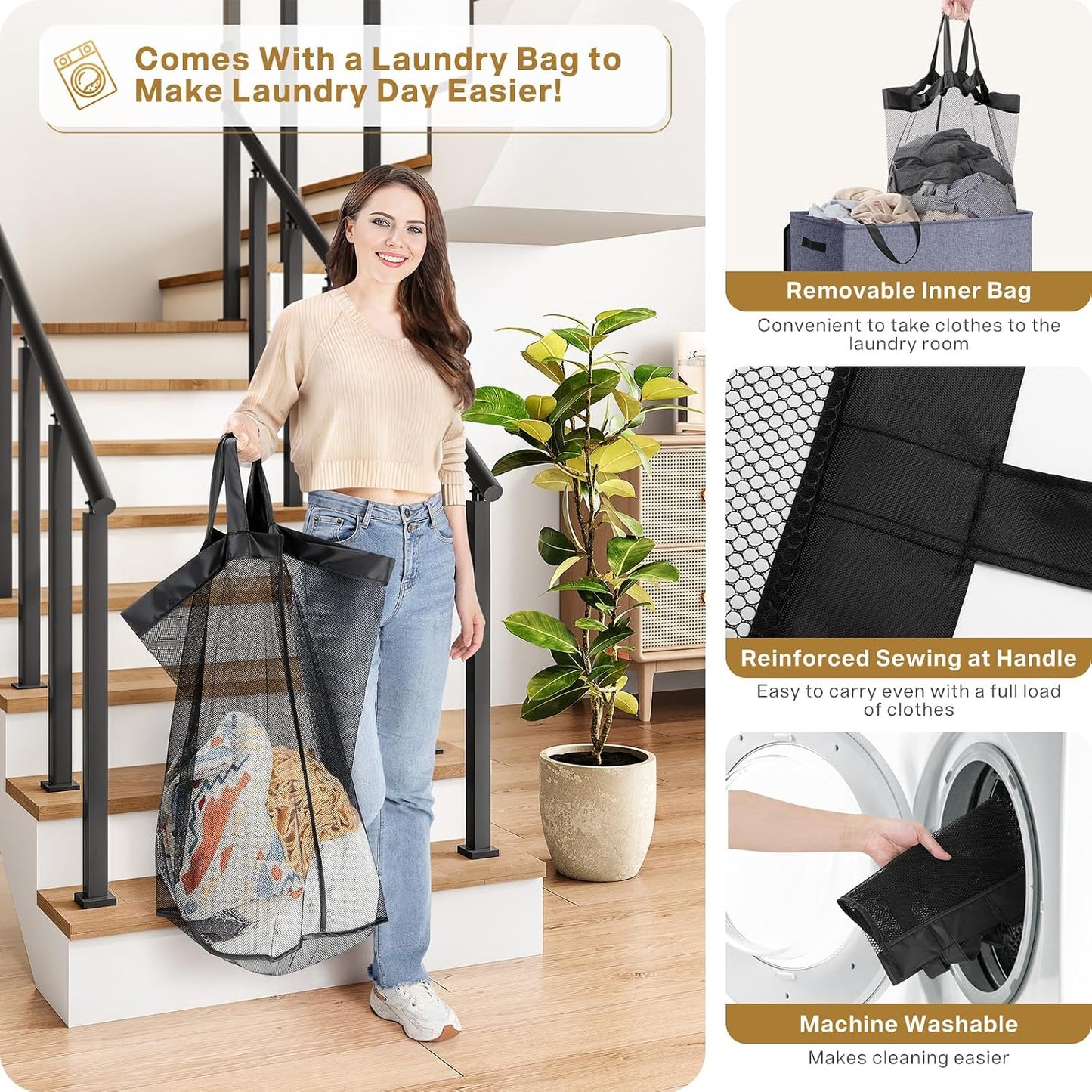 SOLEDI Luxury Double Laundry Hamper with Lid and Removable Bags, 38.3 Gal Large Laundry Bin, Laundry Basket 2 Sections, Collapsible Clothes Hamper for Bedroom, Laundry Room, Bathroom, Off-white