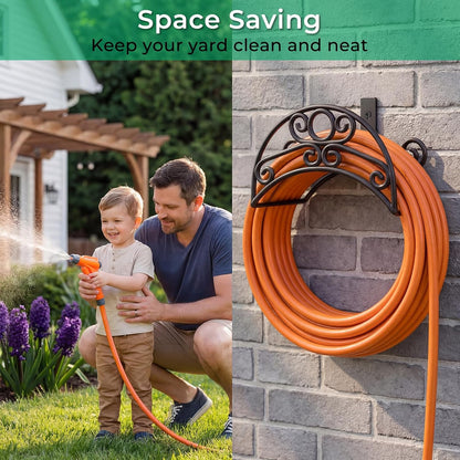 TomCare Garden Hose Holder Wall Mount Metal Water Hose Holder Holds 150Ft Hoses Heavy Duty Hose Hanger Sturdy Hoses Storage Organizer for Outside Yard Garden, Black