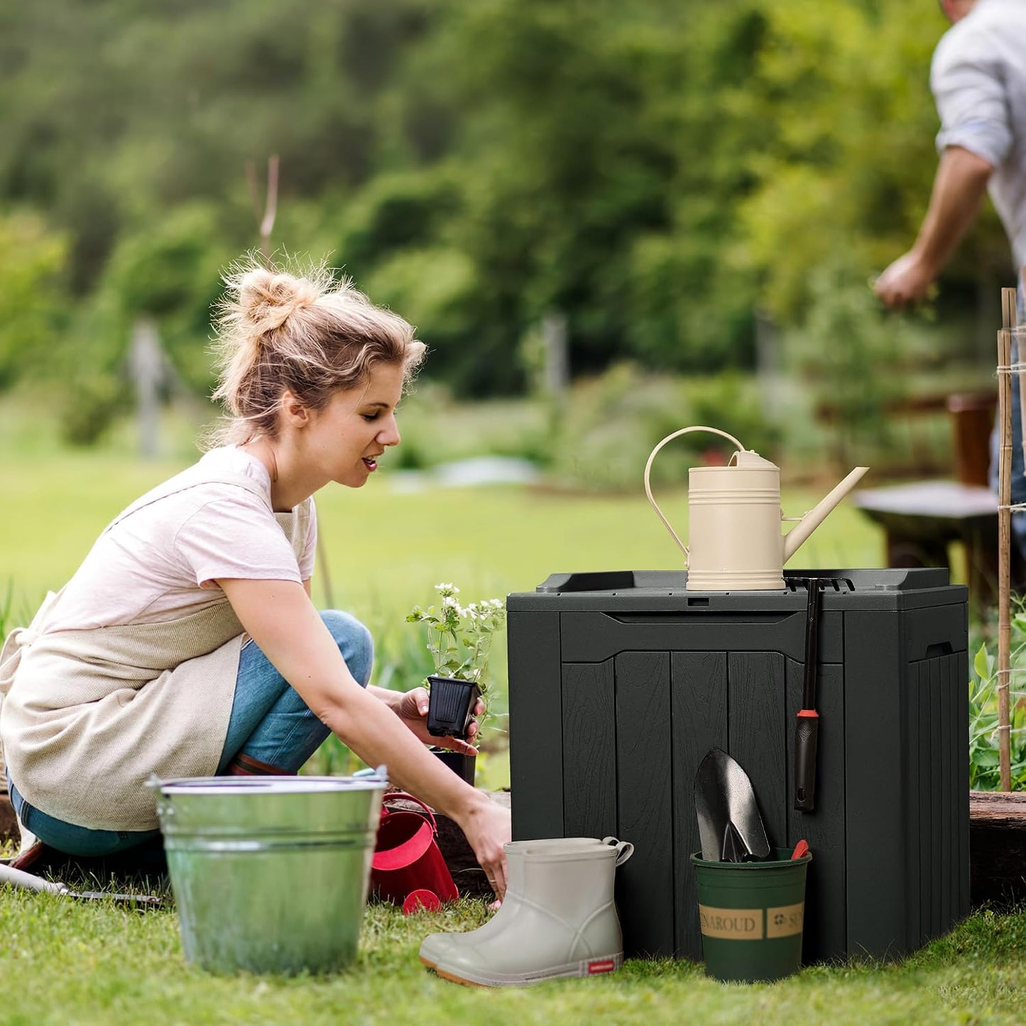 Flamaker Outdoor Storage Box 80 Gallon Resin Waterproof Deck Box Delivery Box with Wood Texture Large Storage Bin for Patio Cushions, (Grey)