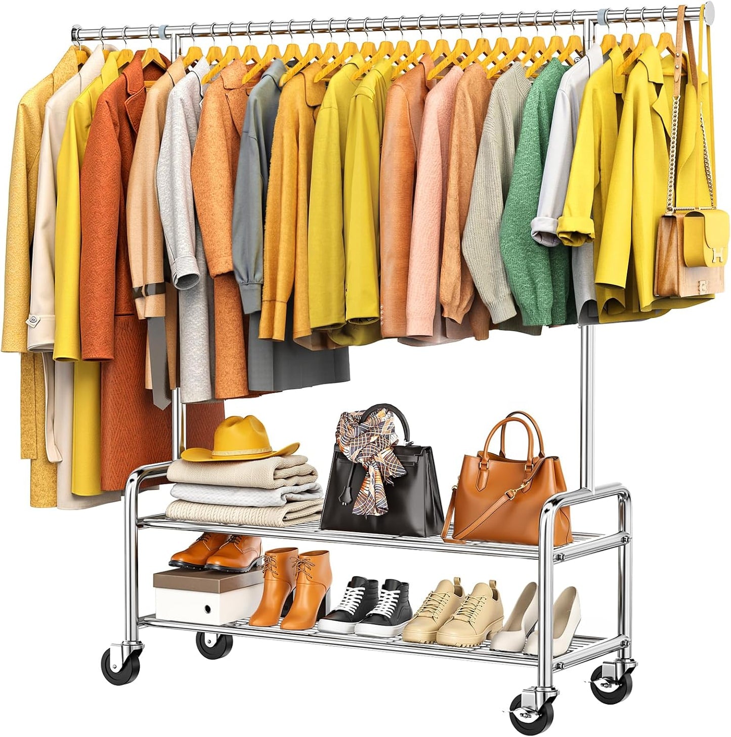 Upgraded 100% Stainless Steel Clothing Rack Load 760LBS, Heavy Duty Clothes Racks with Larger & Sturdy Wheel, Extendable & Adjustable Rolling Garment with Shelves for Hanging Portable Closet Rack