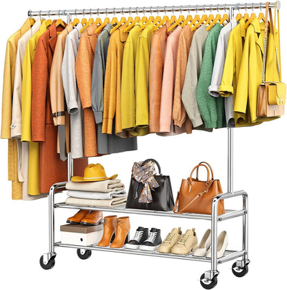 Upgraded 100% Stainless Steel Clothing Rack Load 760LBS, Heavy Duty Clothes Racks with Larger & Sturdy Wheel, Extendable & Adjustable Rolling Garment with Shelves for Hanging Portable Closet Rack