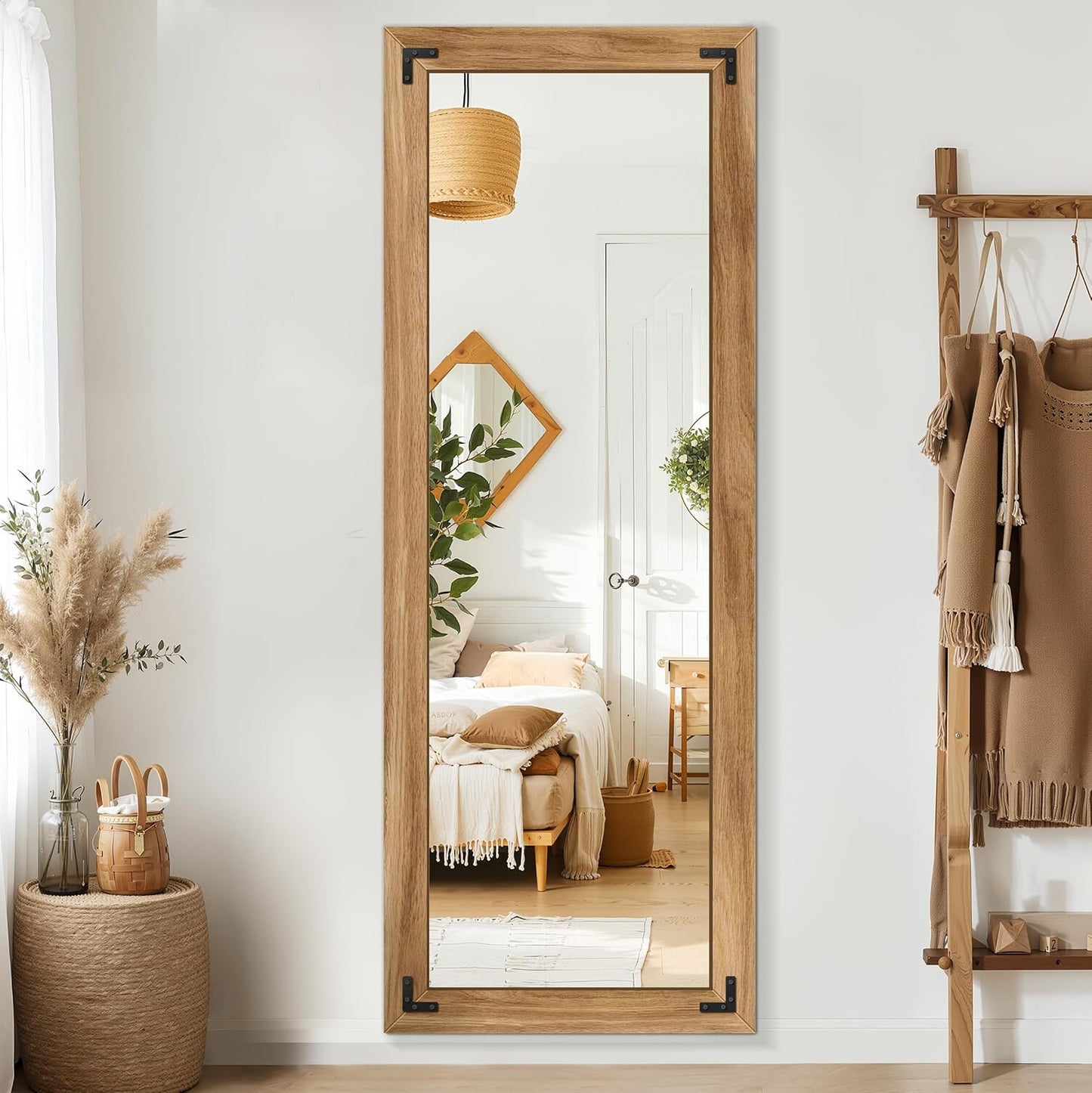 TRAHOME Full Length Mirror with Wooden Frame, 56"X22" Solid Wood Standing Floor Mirror for Farmhouse, Bathroom, Bedroom Decor, Hanging or Leaning Wall-Mounted
