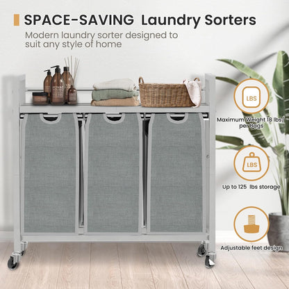 SwaaVee Laundry Sorter, Laundry Hamper 3 Section, 3×11.4Gal, Metal Frame Rolling Laundry Basket with Wooden Top Shelf, Pull out and Removable Laundry Bags, 3 Bags-Gray