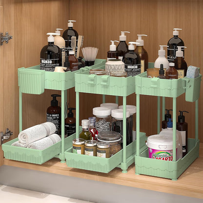 Sevenblue 3-Pack 2-Tier Under Sink Organizers with Sliding Drawers | Multi-use kitchen & bathroom storage, 12.8 inch black cabinet organizer, space-saving sliding drawer design.