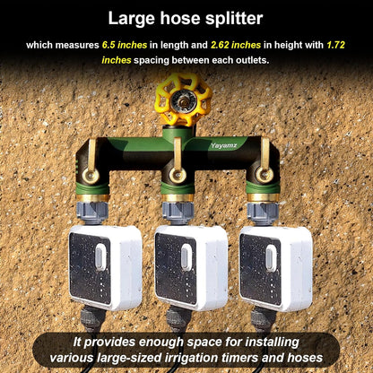 3 Way Garden Hose Splitter, High Flow Outdoor Faucet Splitter with 3 Independent Shut Off Valves, Wide Spacing for Timers, Standard 3/4" GHT for Lawn Yard Garden Watering